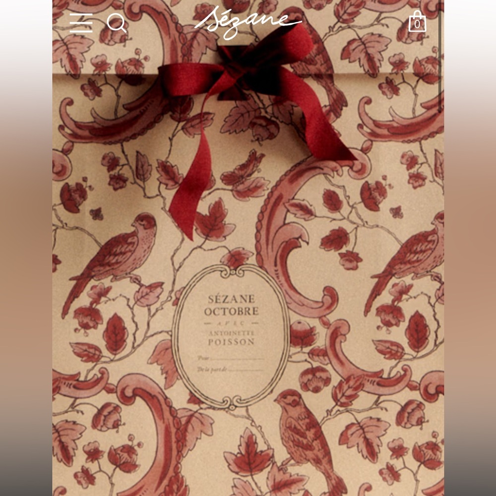 Sezane Gift Bag Bird Pattern Red Ribbon Cream Large NEW Holidays Christmas Xmas